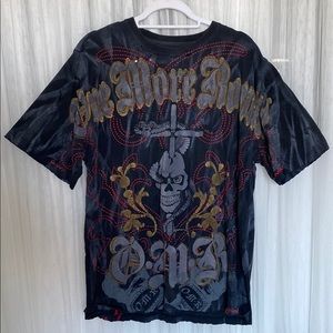 Y2K Black/Gold/Red & Grey Short Sleeve Distressed Tee with Ornate Graphic Design